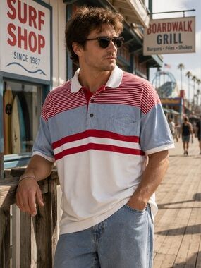 Vintage Pandemonium Men’s Colorblock Polo Shirt LT Chambray 90s Blokecore Rugby
